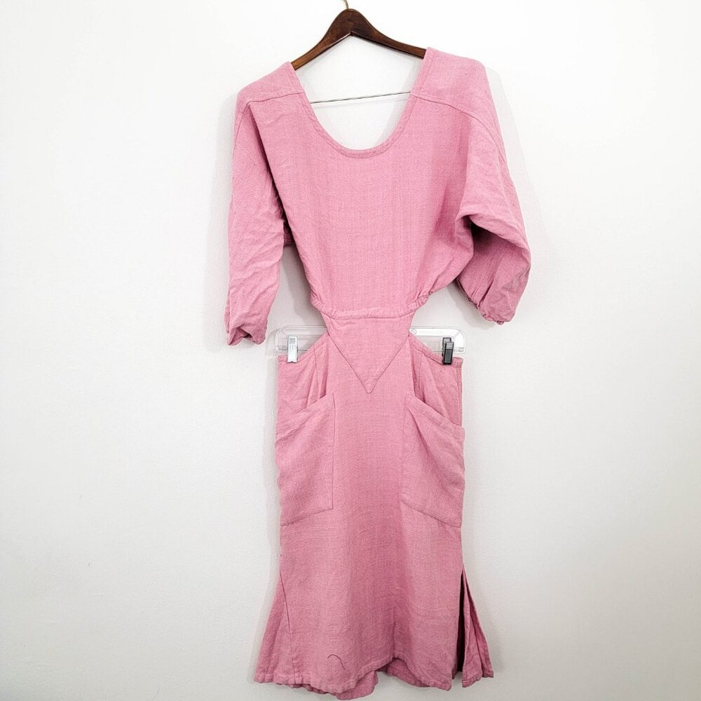 Electric Feathers Cutout Raw Silk Pocket Dress in Pink Small